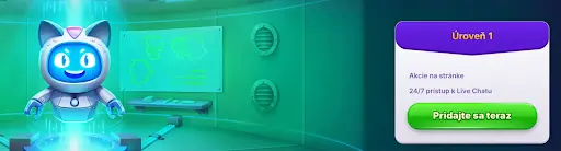 Robocat mascot at level 1 with access to promotions and live chat