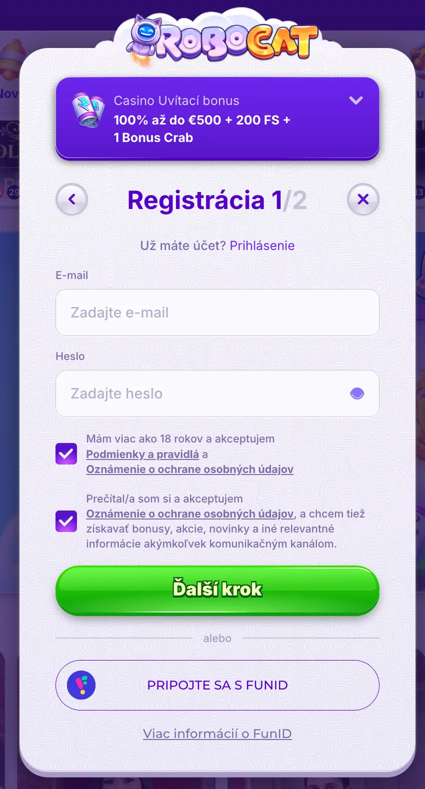 Robocat Casino registration form - step 1 of 2