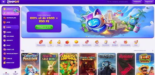 Robocat Casino homepage with welcome panel and popular games selection